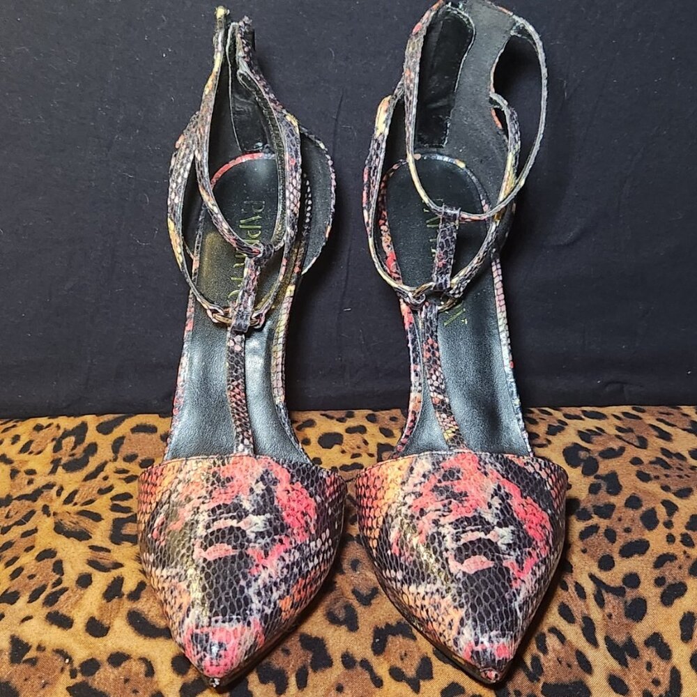 multi colored snake print T-strap pump